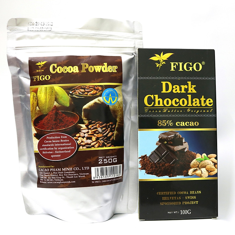 Combo Bột cacao nguyên chất 250g và Socola đen đắng 85% cacao 100g Figo