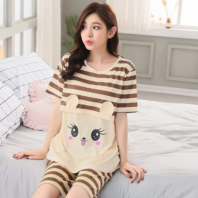 Bộ đồ mặc bầu và sau sinh cho bé bú hình mèo kẻ nâu dễ thương mã BN517