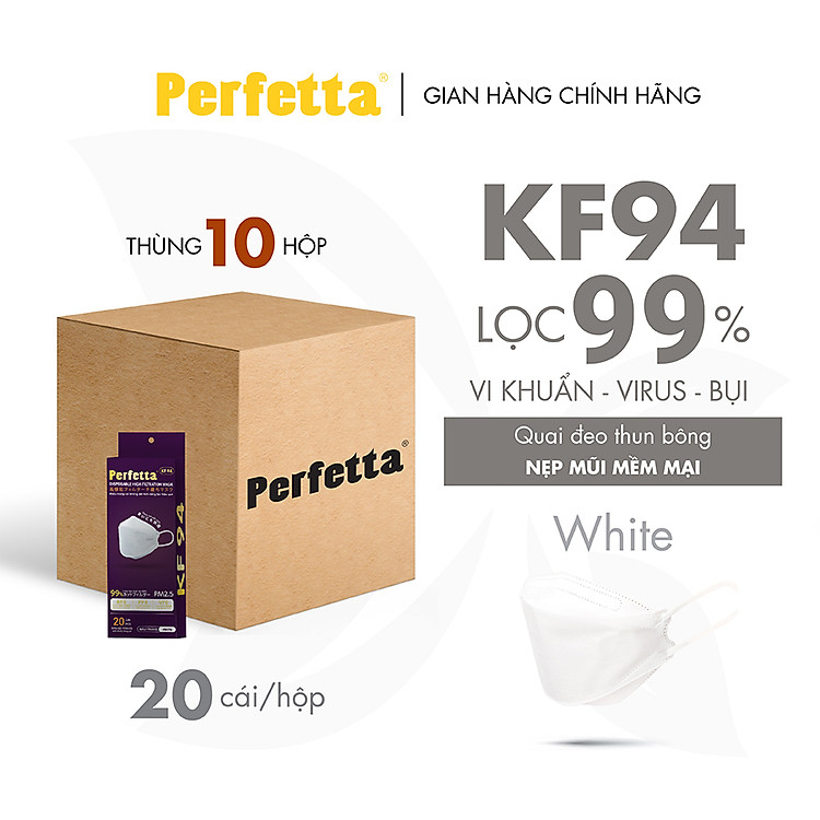 Thùng 200 Cái Khẩu Trang Y Tế Perfetta KF94 20 Cái/Hộp - Thanh Nẹp Mũi Mềm Mại