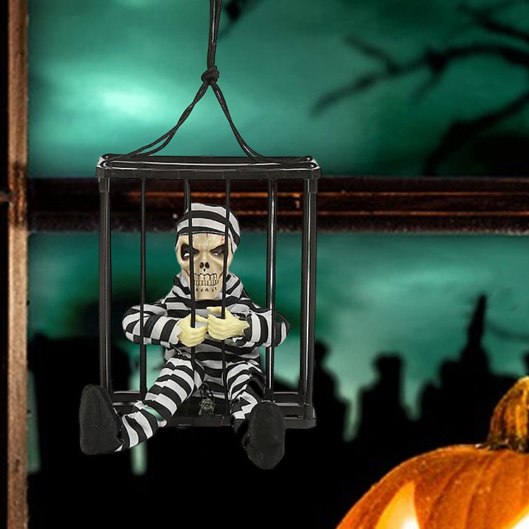 Screaming Animated Decorations Halloween Scary Talking Skull Cage Prisoner