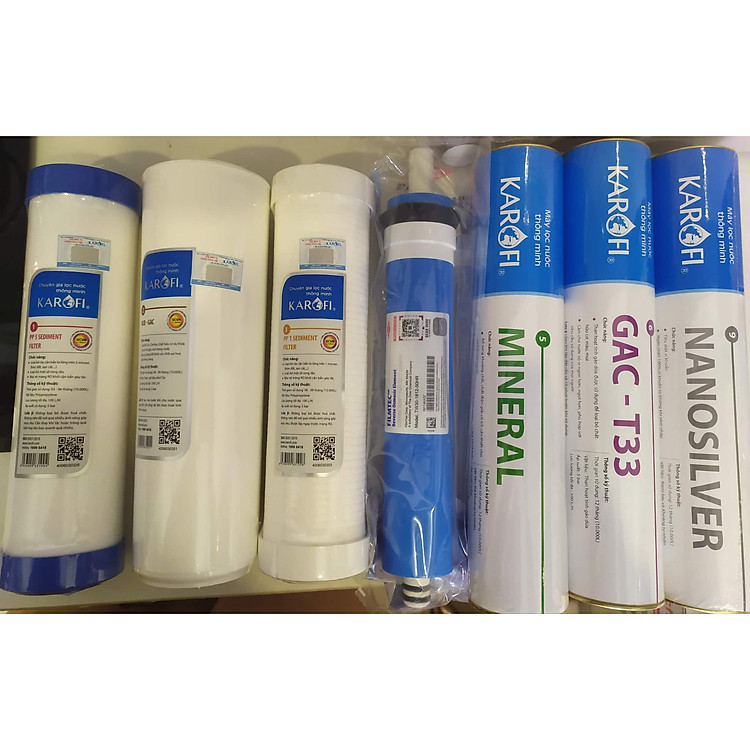 Combo 7 lõi lọc nước dành cho máy lọc Karofi 7 cấp ( Lõi 123+RO+Mineral+Gac T33+Nanosilver) ( Hàng chính hãng)