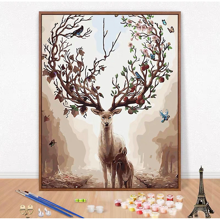 Tranh sơn dầu số hoá tự tô đã căng khung mẹ con hươu 2