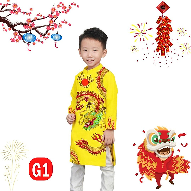 Áo dài tết bé trai hình Lân Sư Rồng từ 10-42kg. Áo dài cách tân chất liệu vải tuyết mưa
