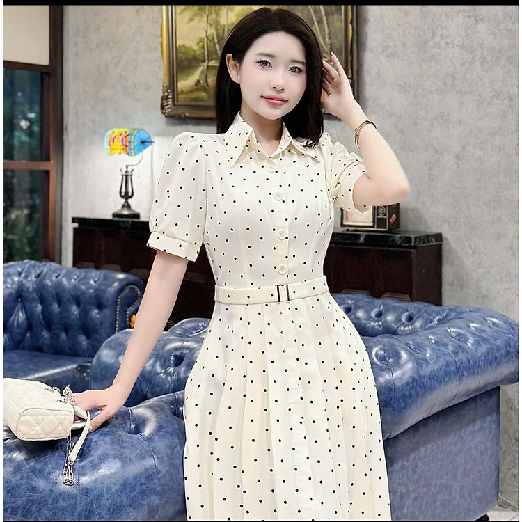 Đầm chấm bi xòe kèm belt thanh lịch