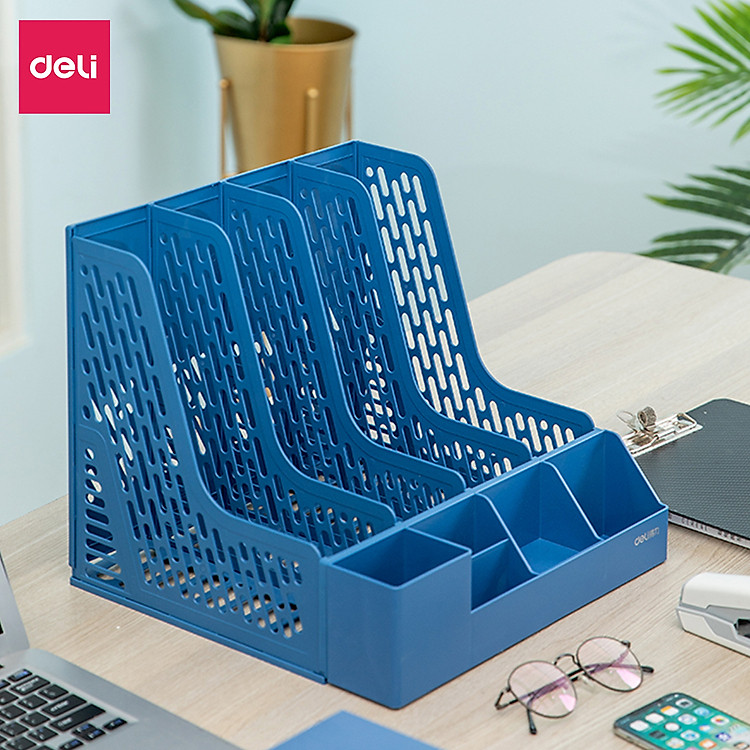 Set giá tài liệu 4 ngăn kèm hộp bút Deli (Xanh dương) - Ảnh 2
