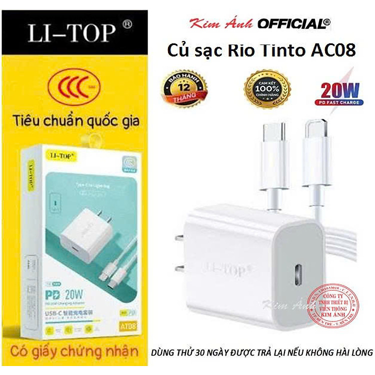 Bộ sạc LI-TOP AT08 chân IOS (L), sạc nhanh PD 20W có chứng nhận 3C tiêu chuẩn quốc gia, hàng chính hãng bảo hành 12 tháng