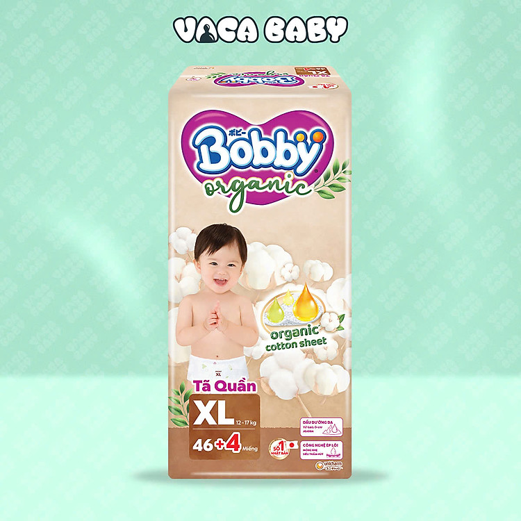 Tã Bỉm Quần Hữu cơ lành tính Bobby Organic Mẫu Mới đủ size M54+4/ L48+4/ XL46+4/ XXL42+4/ XXXL31+4 miếng