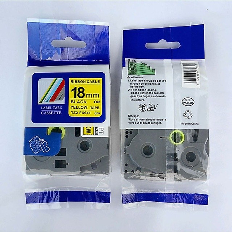 Nhãn in TZ2-641 tiêu chuẩn - Chữ đen trên nền vàng 18mm - Hàng nhập khẩu
