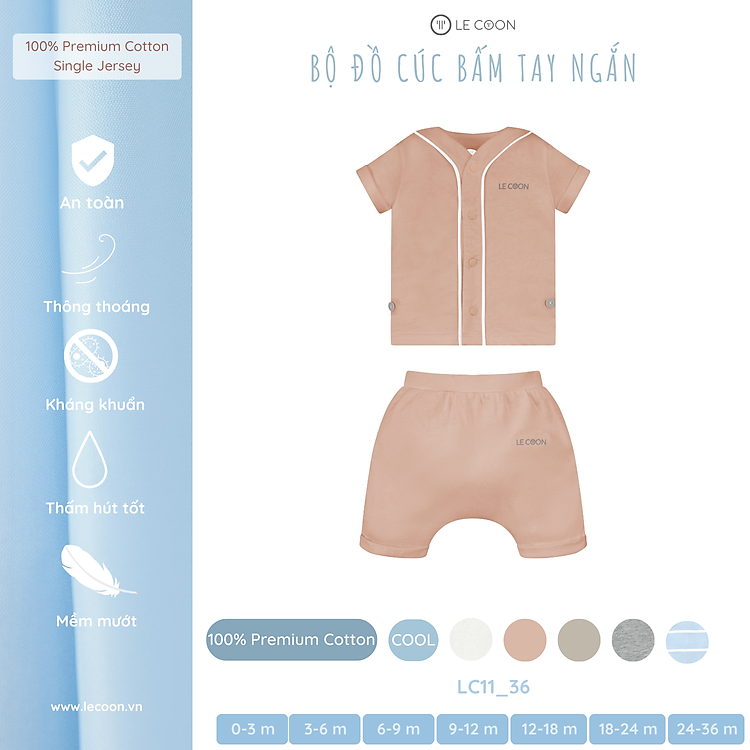 LE COON | Bộ Đồ Cúc Bấm Tay Ngắn | Vải COOL mỏng mát | 0 tháng - 3 tuổi