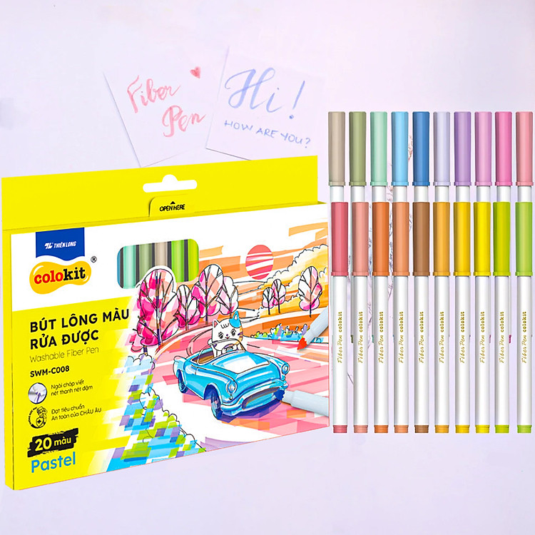 Bút lông màu Fiber Pen 20 màu Pastel Thiên Long Colokit rửa được an toàn sử dụng tô màu, vẽ tranh, calligraphy SWM-C008