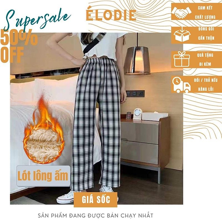Quần Kẻ Caro Nữ Lót Lông Cừu Quần Ống Rộng Retro Ulzzang Unisex Quần Ống Xuông Lót Lông Dày Dặn Siêu Ấm