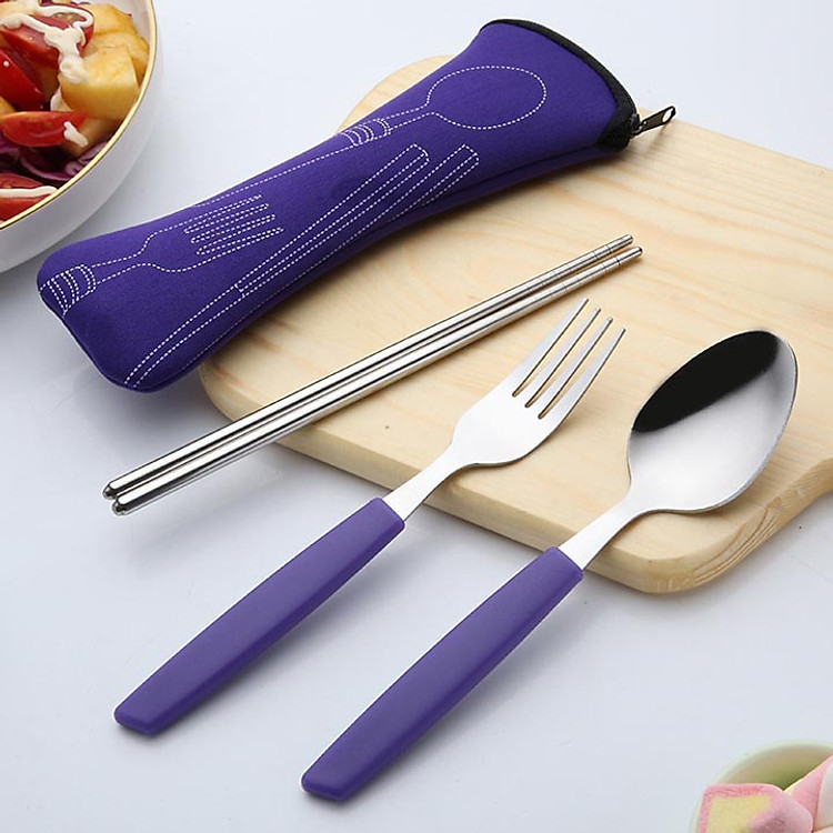 Bộ đồ ăn 3 món (muỗng, nĩa, đũa) du lịch bằng thép không gỉ tiện dụng, đựng bằng túi vải đẹp mắt