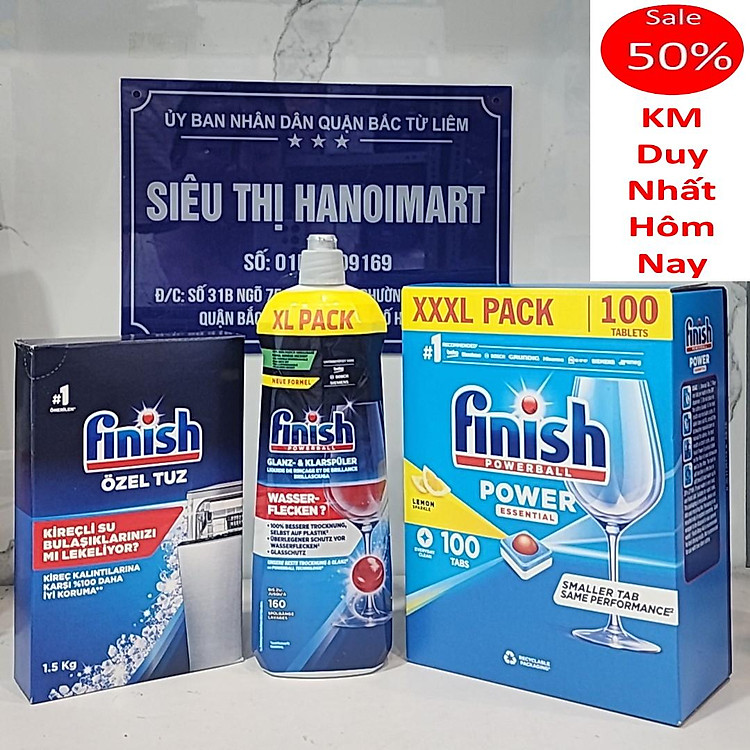 Combo rửa chén Finish: Hộp All in one 90 Viên, bóng chai 1150ml, Muối Hộp 1,5kg - Chính Hãng.
