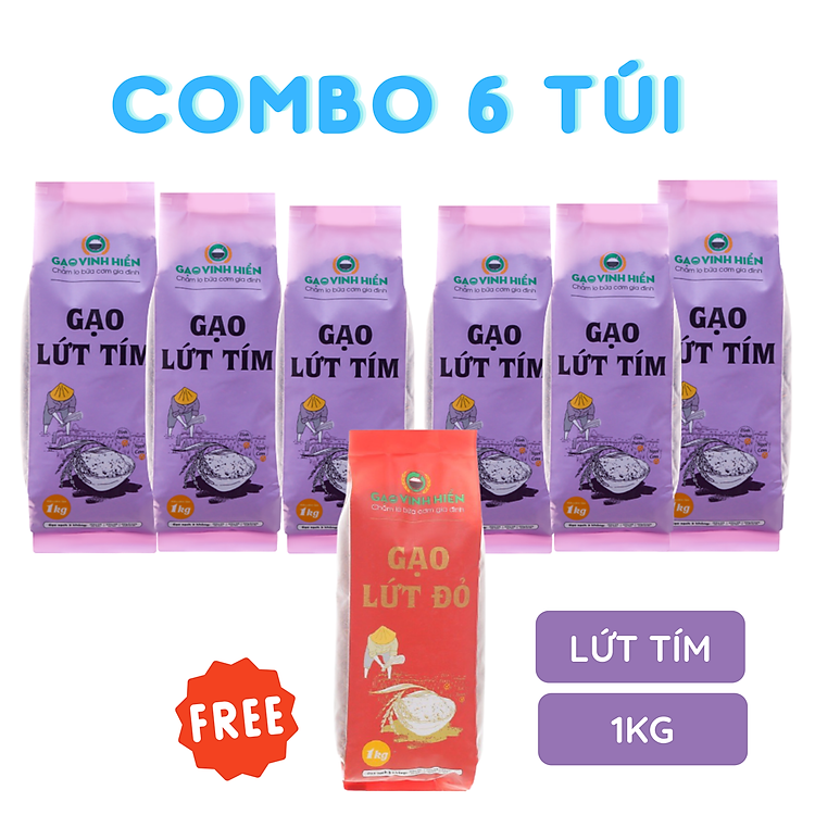 Combo 5 túi Gạo Lứt Tím Vinh Hiển 1kg tặng thêm 1 túi Lứt Đỏ 1kg - Ngọt Cơm, Dinh Dưỡng