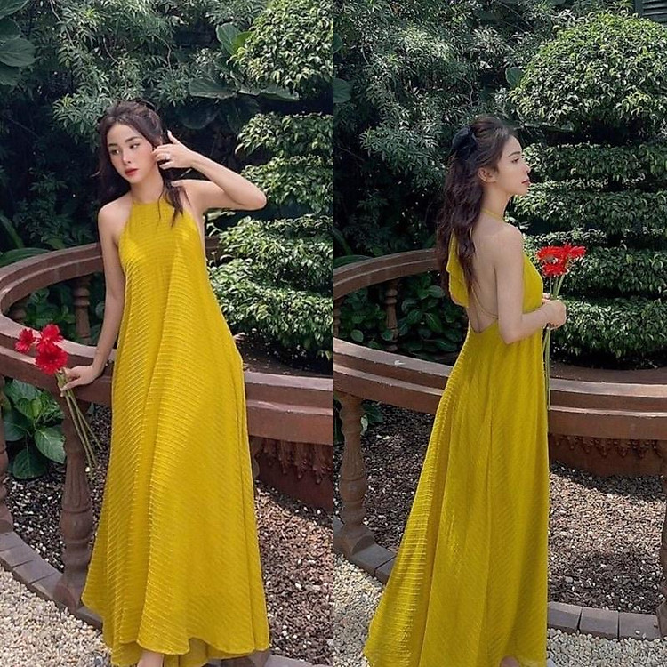 hàng TK Maxi xốp vàng 2 dây cổ yếm hở lưng, đầm váy suông dài đi chơi đi biển du lịch chụp hình thời trang nữ hot girl