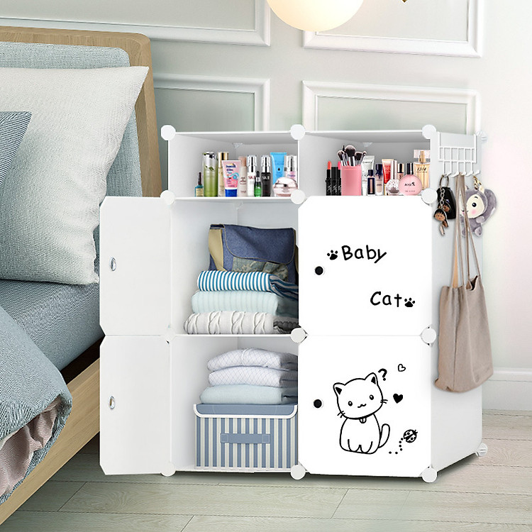 Tủ đầu giường lắp ghép cửa hình mèo dễ thương kèm móc treo