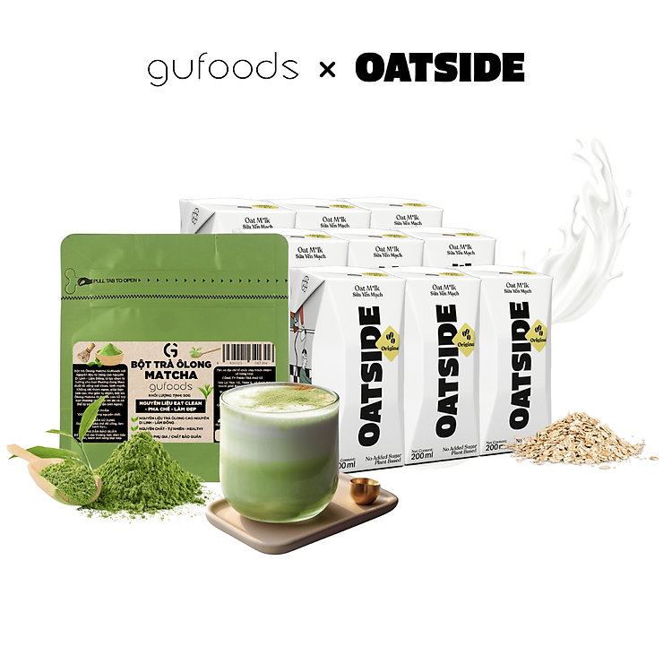 Combo pha chế Matcha latte từ OATSIDE - Pha được 9 ly thành phẩm - Gồm 9 Hộp OATSIDE 180ml + Gói 50g Bột Matcha trà Ôlong GUfoods