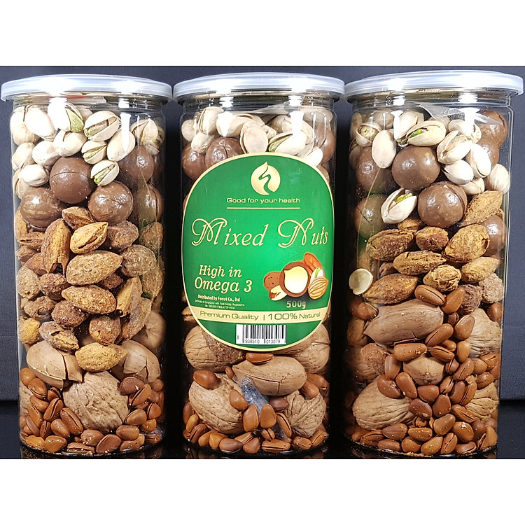 Mixed nuts 6 loại hạt dinh dưỡng Macca, Óc Chó, Hạnh Nhân, Hạt Hồ Đào, Hat Dẻ Cười, Hạt Thông (hũ 500gr)