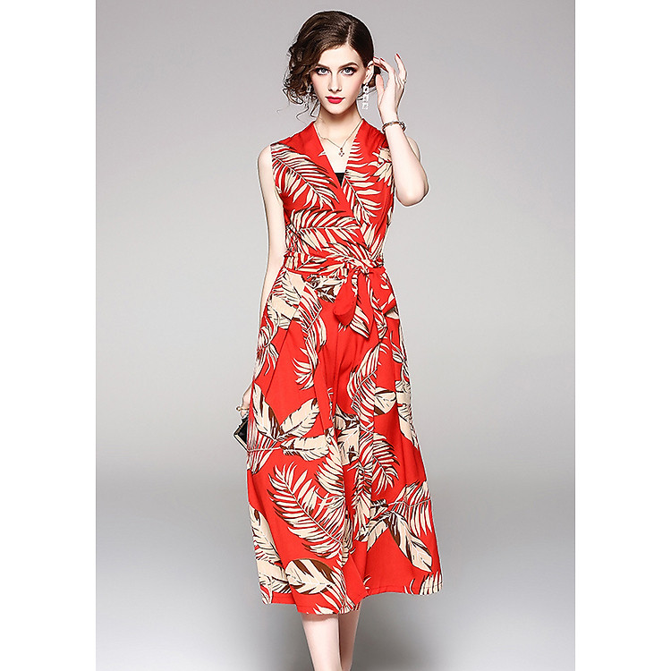 Jumpsuit cổ v đắp chéo in họa tiết lá S3032