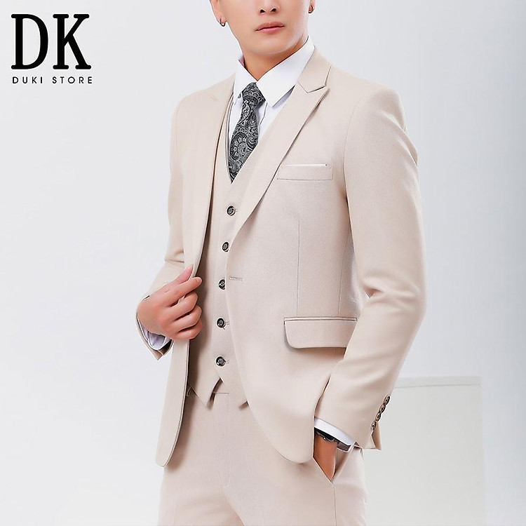 Bộ vest gile nam Hàn Quốc màu kem đẹp - DUKI STORE