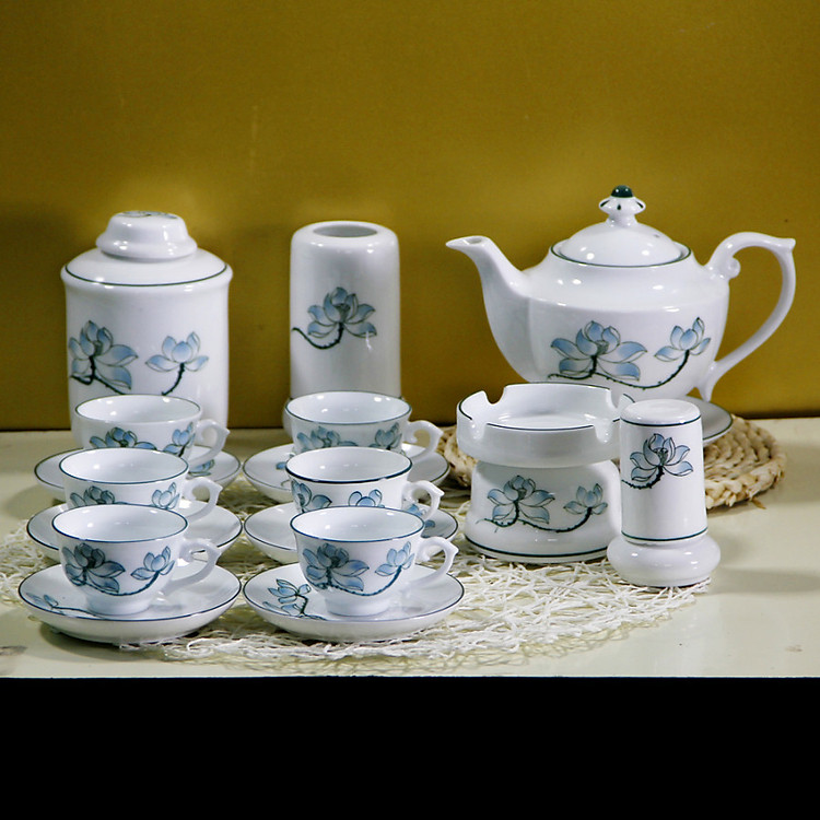THƯỞNG TRÀ ĐẦY ĐỦ VỚI Bộ Ấm Chén Hoàng Tộc Vẽ Sen Xanh (Chưa bao gồm phụ kiện), Bộ Ấm Pha Trà Đẹp, Bộ Chén Trà, Ấm Chén