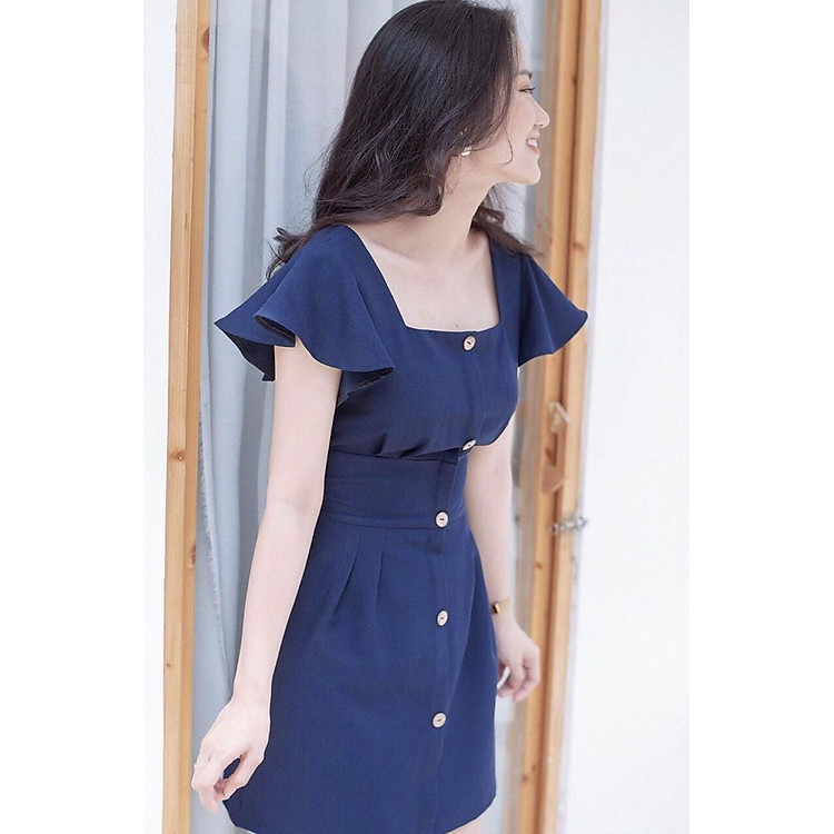 Đầm xanh cổ U tay bèo