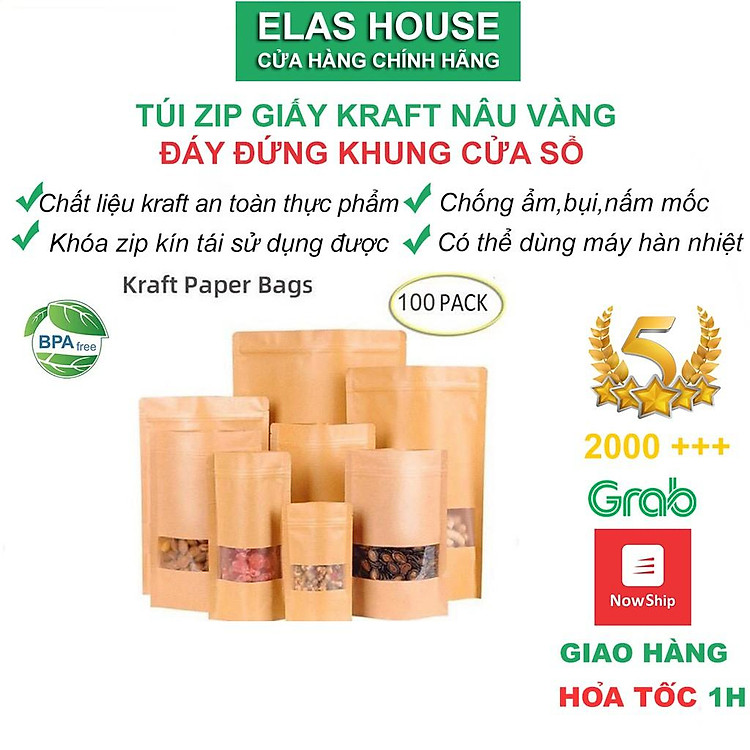 Túi ZIp Đựng Thực Phẩm,Túi Zip Giấy Kraft Đáy Đứng Có Cửa Sổ Vàng,Túi Zipper Mini Nâu,Tuis Zipclock