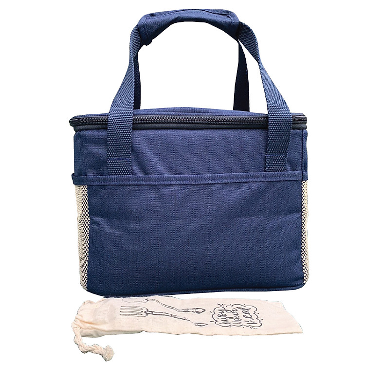 Túi Đựng Hộp Cơm Giữ Nhiệt Văn Phòng Dạng Hộp Màu Xanh Navy Có Dây Khóa Kéo Với Nhiều Ngăn Phụ Tặng Túi Muỗng Nĩa (Lunch Bags, Box)
