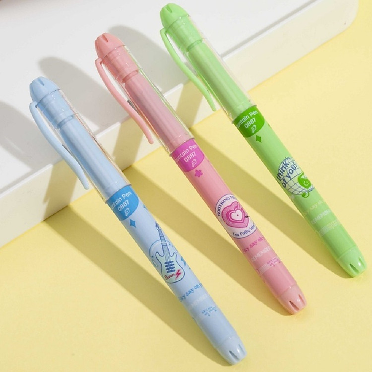 Set 3 bút máy Deli nhiều họa tiết đẹp CQ887 / Bút mực luyện chữ đẹp Q887