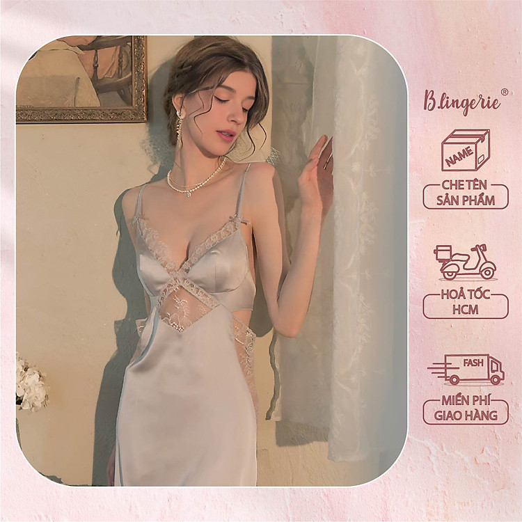 Đầm Ngủ Hai Dây Phối Ren Hoa (Không kèm áo choàng) - B.Lingerie