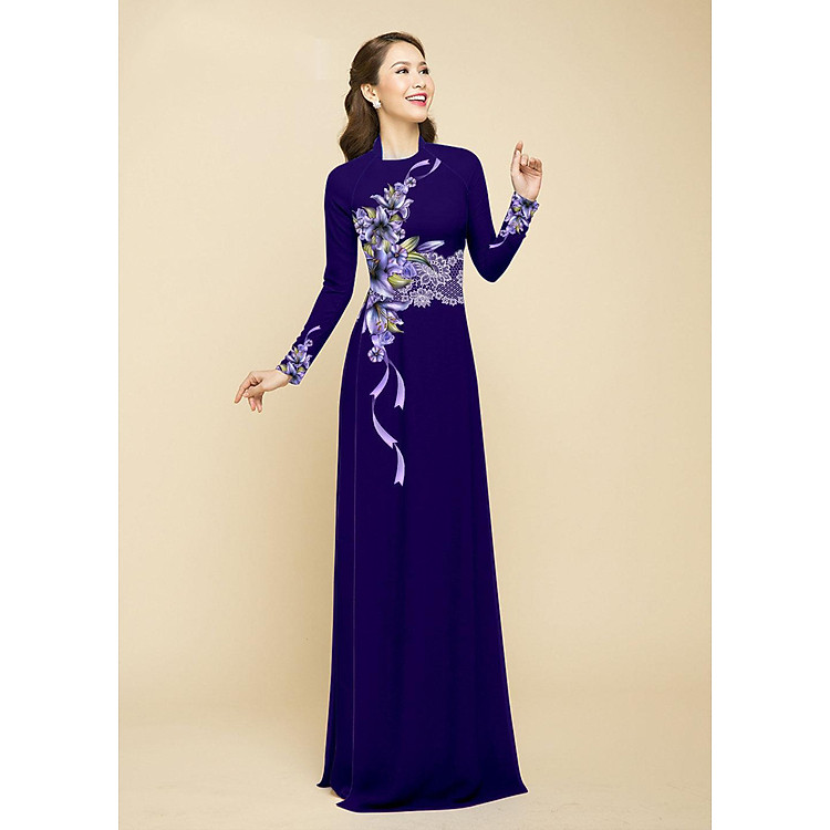 Vải Áo Dài Truyền Thống Màu Tím Than Họa Tiết Hoa Ly DN.HT-481-24