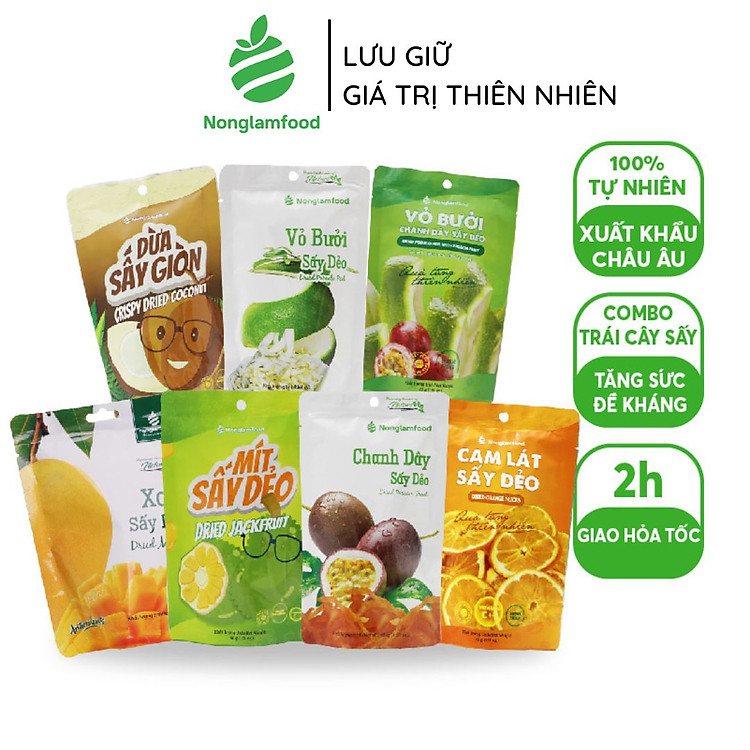 Combo 6 túi trái cây sấy giàu chất xơ Nonglamfood | Ăn vặt tăng cường đề kháng, đồ ăn vặt healthy
