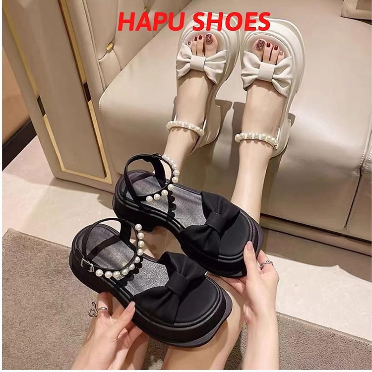 Dép sandal nữ thắt nơ to đế cao, dép quai hậu nữ đính ngọc form to
