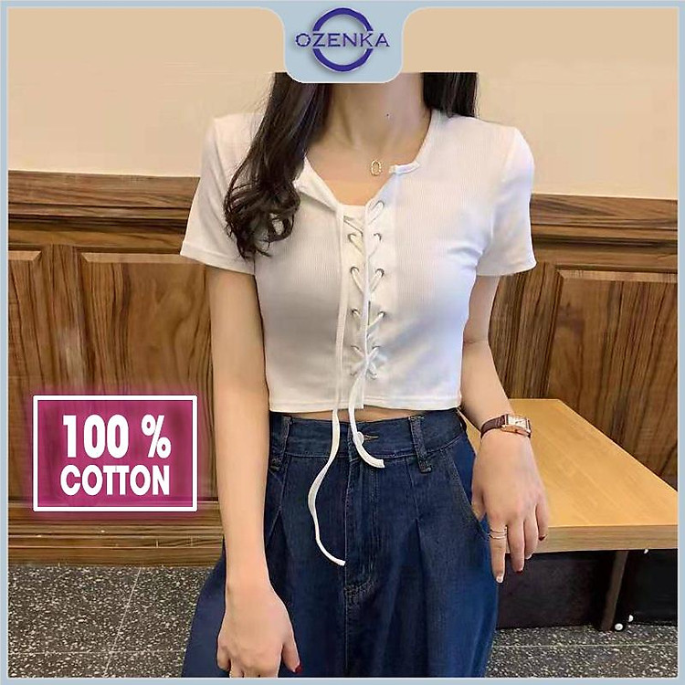 Áo croptop nữ kiểu buộc dây tay ngắn, áo thun cổ bẻ crt đẹp cài khuy buộc nơ 2022 màu đen trắng size 40 -55 cân