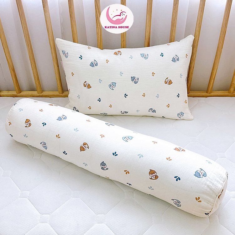Bộ gối nằm gối ôm trẻ em Katina House, vải muslin mềm nhẹ, thoáng khí, thấm hút tốt, an toàn