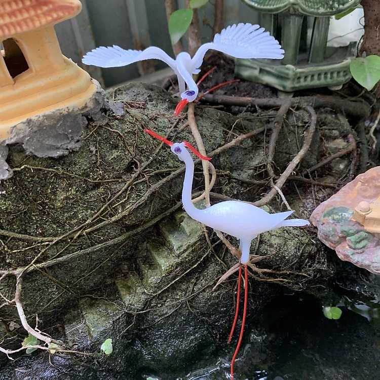 Cặp Cò nhựa trắng Trang Trí Hồ Cá, Bể Cá-Hòn Non Bộ,..
