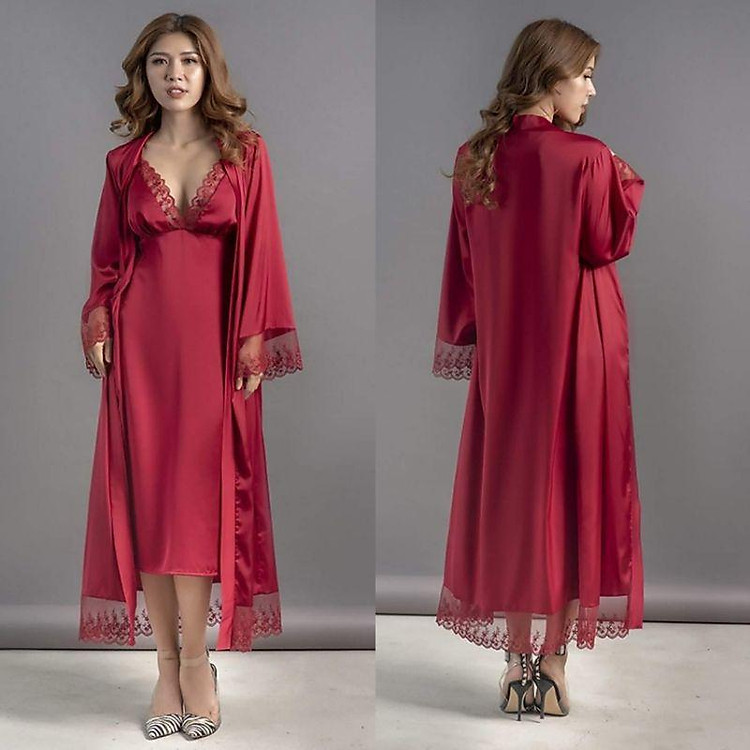 Set áo choàng kèm váy ngủ lụa dài qua gối sang trọng tặng quần chip ren xinh xắn