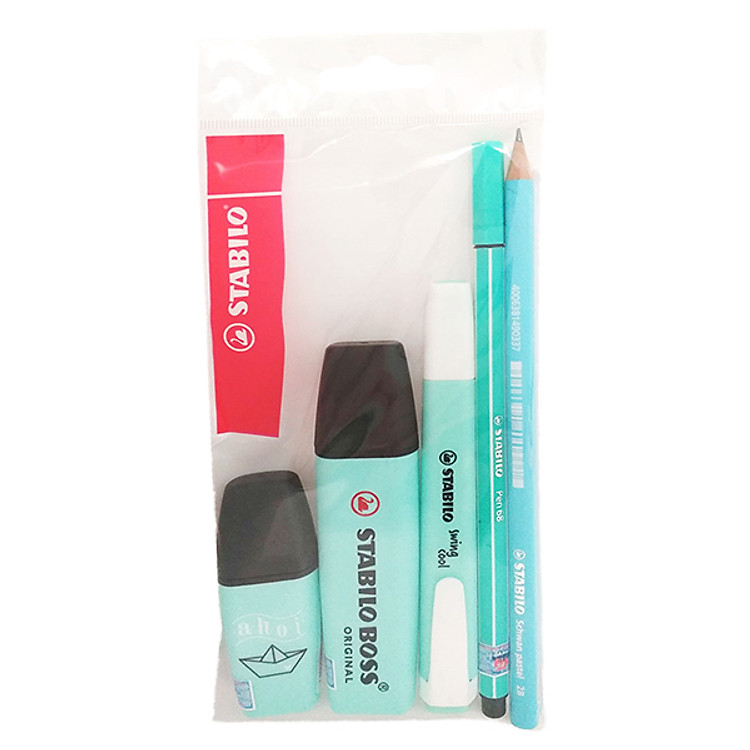 Combo 3 Bút Dạ Quang Stabilo Pastel (Xanh Trời Phấn) + Bút Lông Stabilo Pen68 Pn68-13 + Bút Chì Gỗ Stabilo Pastel Pc421U (Xanh Pastel)