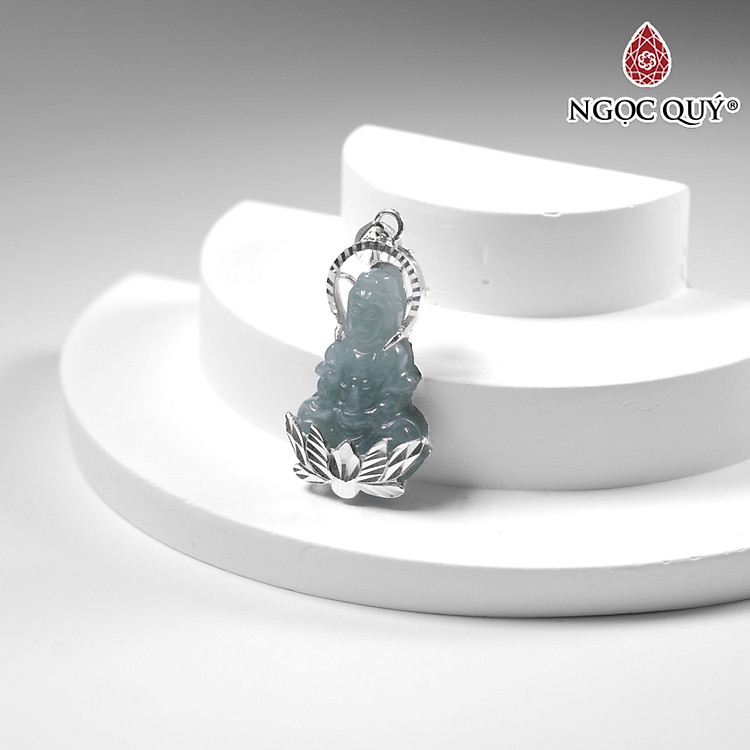 Mặt dây chuyền Phật Bà đá Lam ngọc type A bọc bạc 33x19mm mệnh thủy mộc - Ngọc Qúy Gemstones