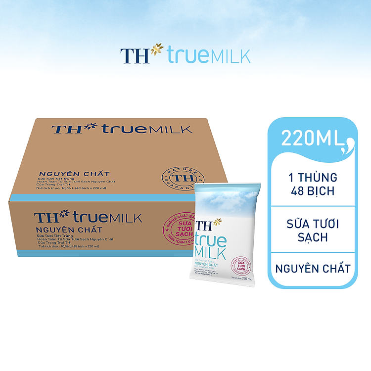 Thùng 48 bịch sữa tươi tiệt trùng TH true MILK nguyên chất 220 ml (220 ml x 48)