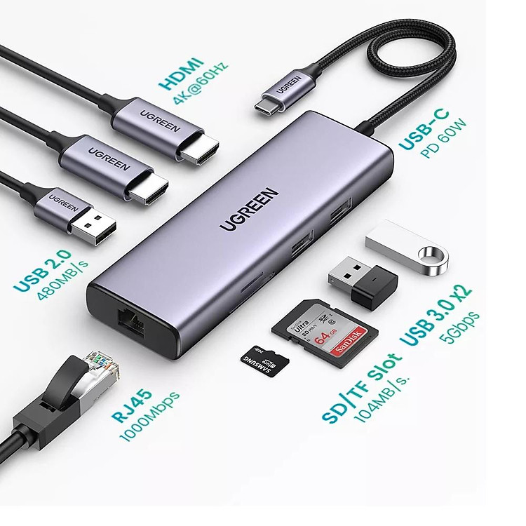 Bộ chuyển Type C sang 2×USB3.0+1×USB 2.0+2×HDMI +gigabits LAN+SD+TF 60Hz 60w PD 4K Ugreen 90119 CM490 Hàng chính hãng