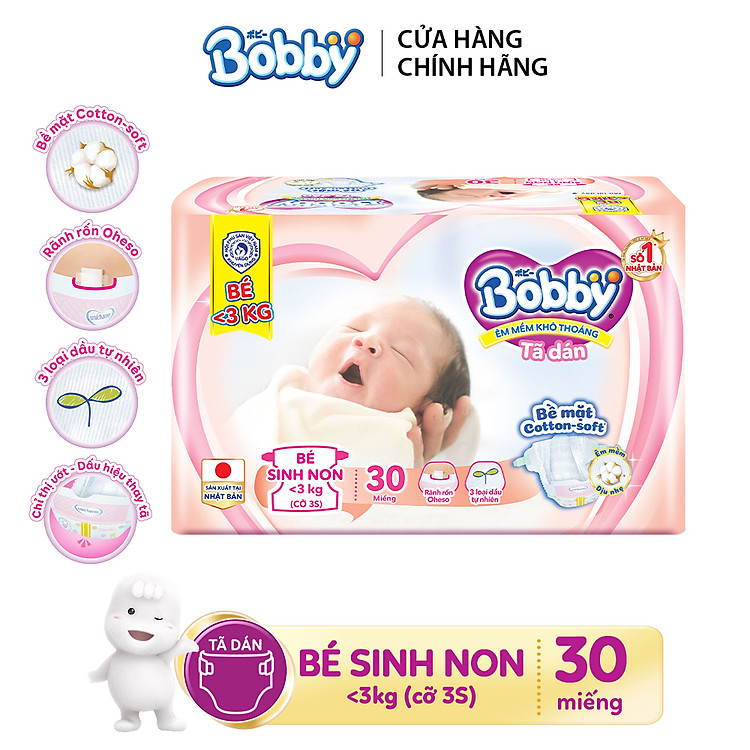 Tã dán Bobby cho trẻ sinh non dưới 3kg 30 miếng