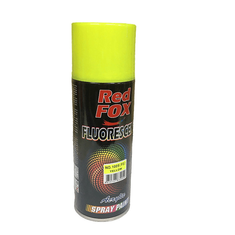 Bình phun sơn xịt Redfox huỳnh quang 1002 (F6) hồng / 1005 (F3) vàng - Sơn xịt tạo phát quang dưới ánh đèn UV dùng để sơn trang trí các mẫu quảng cáo, thiết bị thể thao, biển báo,...