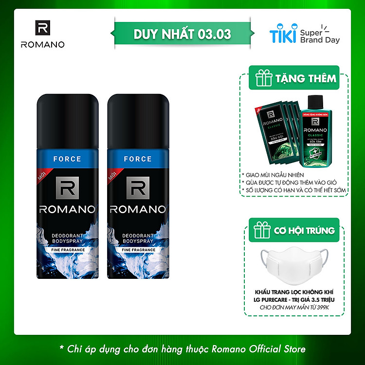Combo 2 Xịt toàn thân Romano Force tươi mát năng động 150ml