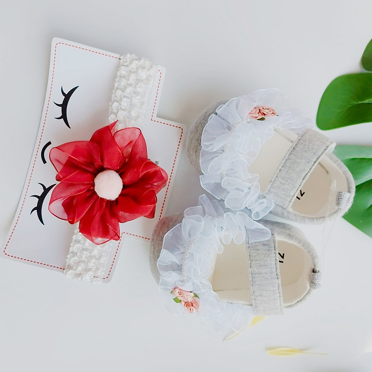 Giày Tập Đi Cho Bé Gái 0-15 tháng - TẶNG KÈM BĂNG ĐÔ- Màu xám, băng đô đỏ
