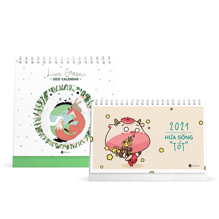 Combo lịch bàn SDstationery 2021 - Lịch ngang chữ nhật HỨA SỐNG TỐT (con trâu) và Lịch đứng vuông LIVE GREEN (sống xanh)