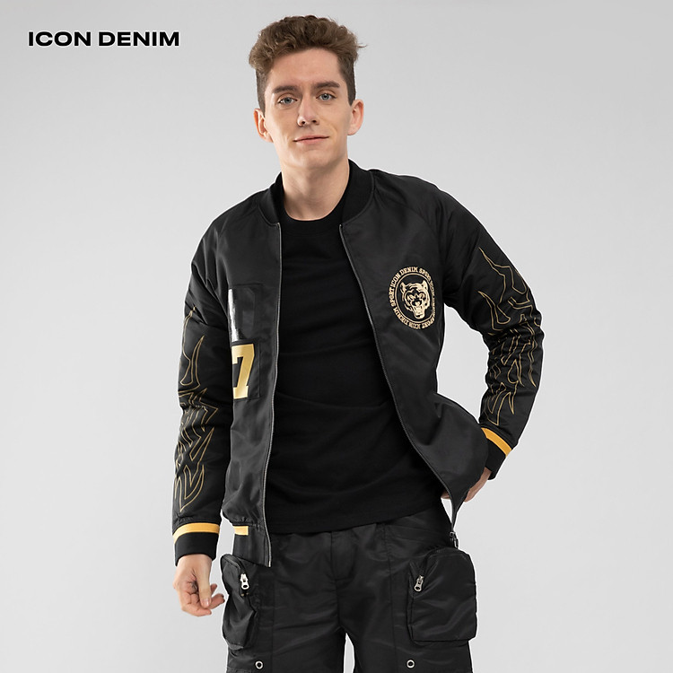 Áo Khoác Bomber Nam Vải Dù Varsity Jacket In Black ICON DENIM