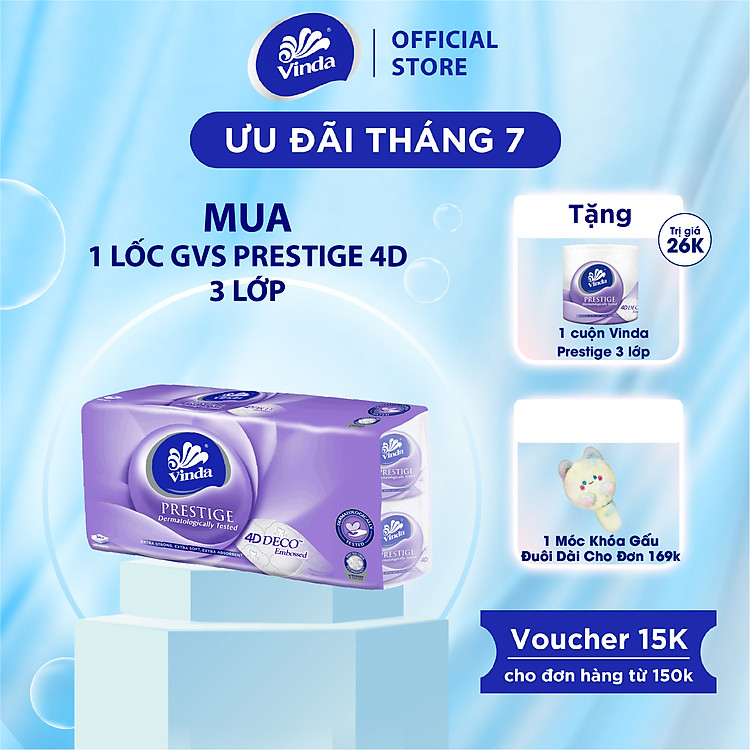 [MUA 1 LỐC GVS PRESTIGE 4D TẶNG 1 CUỘN] Giấy vệ sinh cao cấp Vinda Prestige 4D 3 lớp (8 Cuộn)