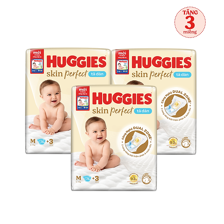 Combo 3 gói Tã/bỉm dán sơ sinh Huggies Skin Perfect M 76+3 miếng với 2 vùng thấm giảm kích ứng da