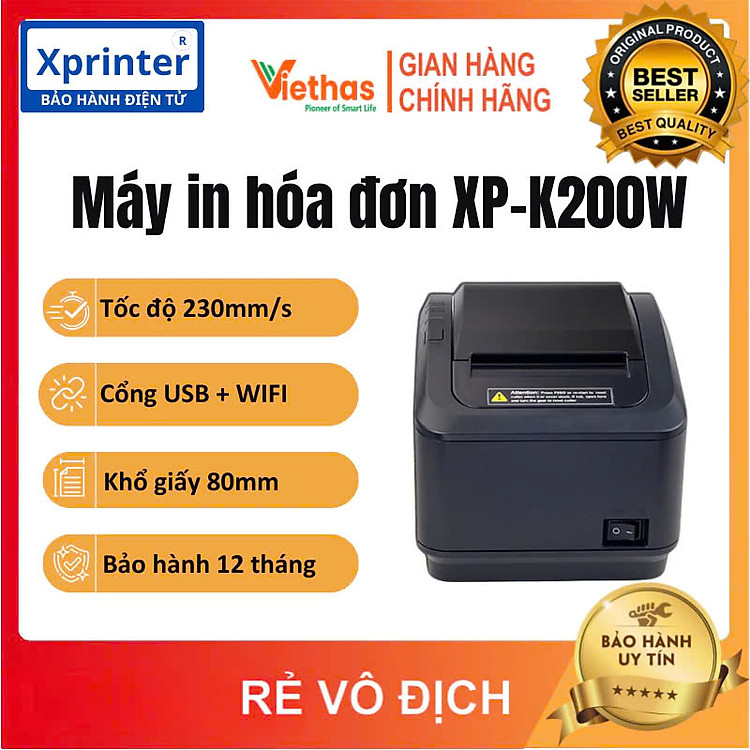 Máy in bill, in hóa đơn khổ K80 Xprinter XP-K200W Cổng USB + WiFi in bằng Điện Thoại và Máy Tính - Hàng chính hãng